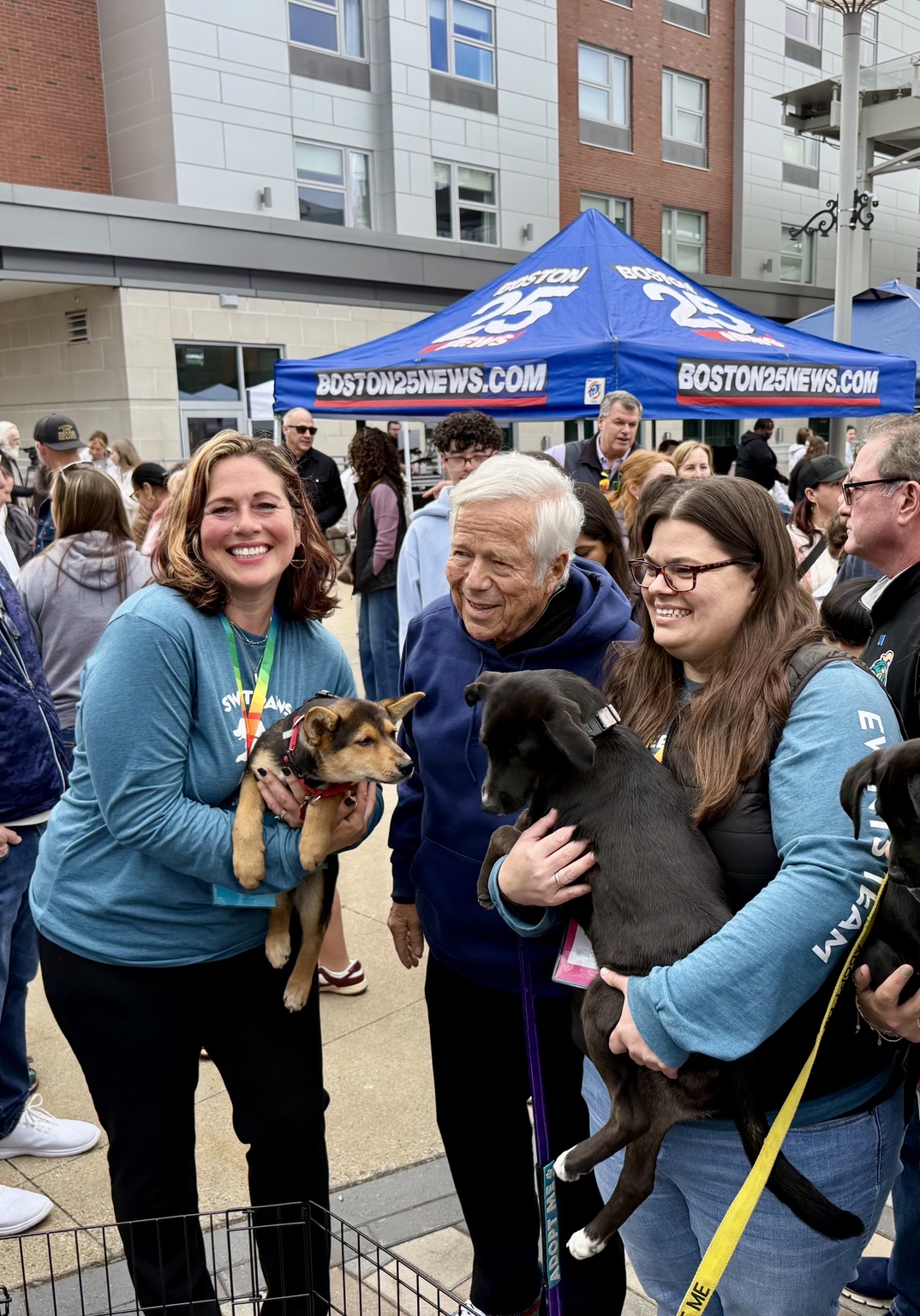 Rescue volunteers with dogs at a community event