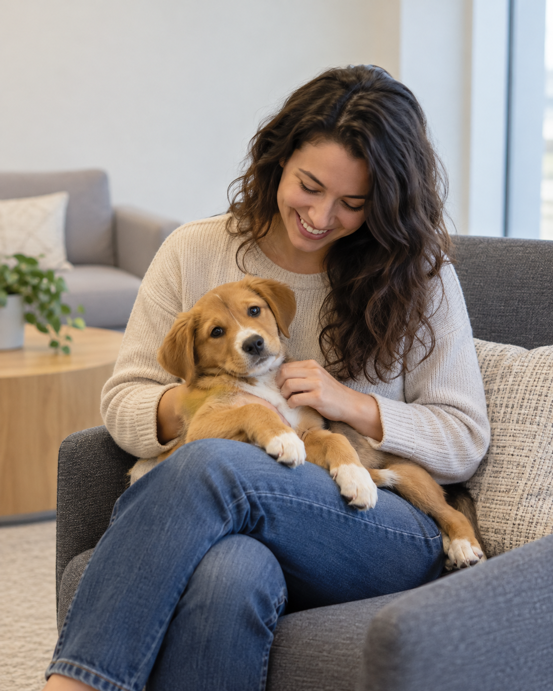 An employee taking a brief pause with a rescue puppy in an unbranded workplace