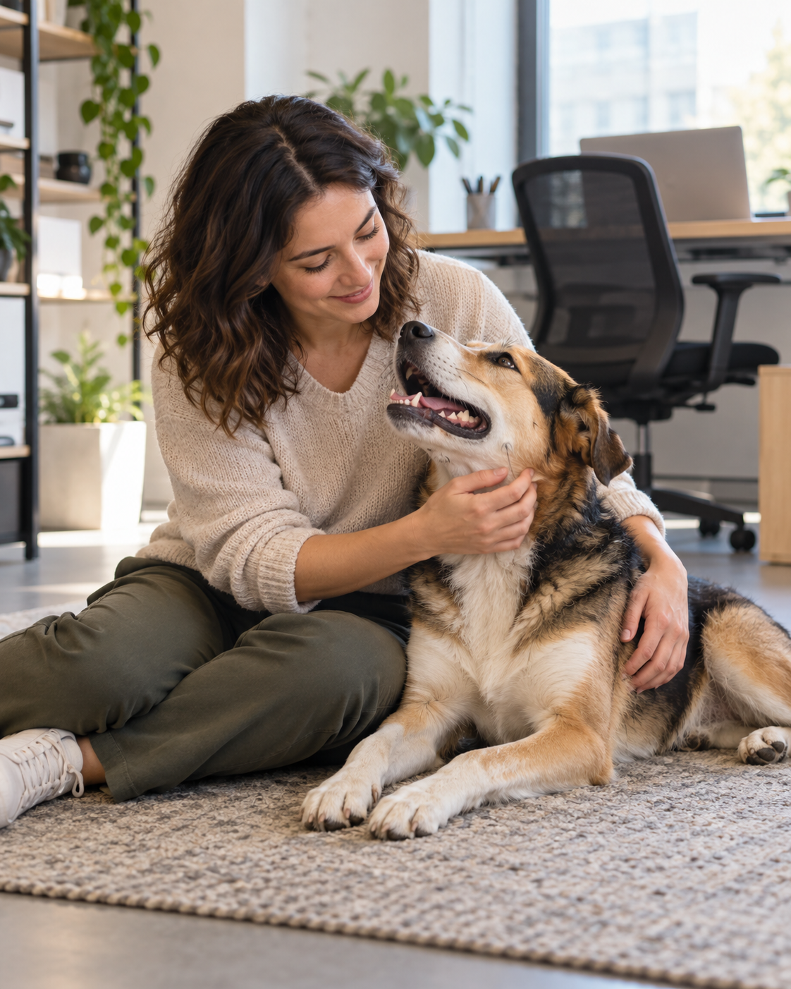 An employee taking a quiet break with a rescue dog in an unbranded workplace